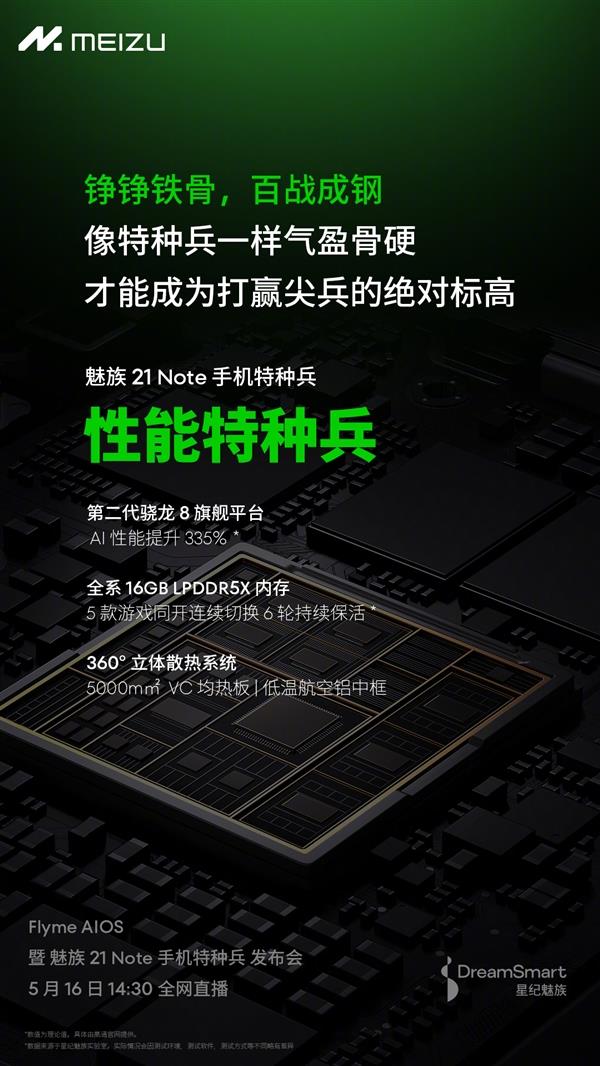 下周发布！魅族21Note配置官宣：第二代骁龙8、全系16GB内存