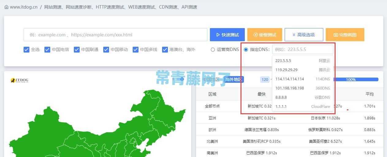 itdog.cn上的运营商DNS和指定DNS的选项是什么意思？