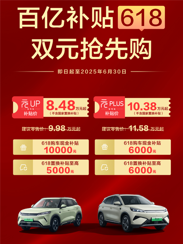 拉爆合资车！比亚迪元UP/PLUS智驾版限时补贴：8.48万元到手-图1