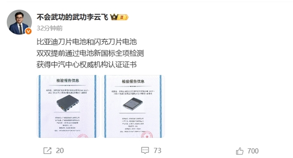 不起火、不爆炸！比亚迪：刀片电池和闪充刀片电池提前通过2025新国标全项检测-图1