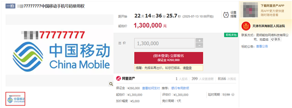 每月需消费1500元！尾号77777777手机号130万元起拍
