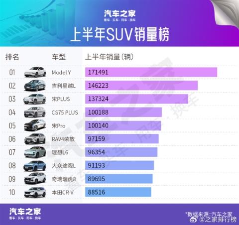 2025年上半年SUV中国销量TOP10出炉：特斯拉Mode