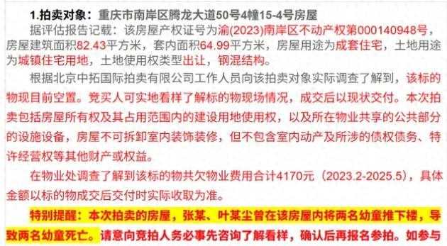 “重庆姐弟坠亡案”涉事房产60万起拍,法院作出特别提醒