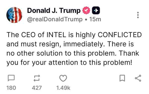 56年来第一次！美国总统特朗普要求IntelCEO陈立武立即辞职：原因何在(图1)