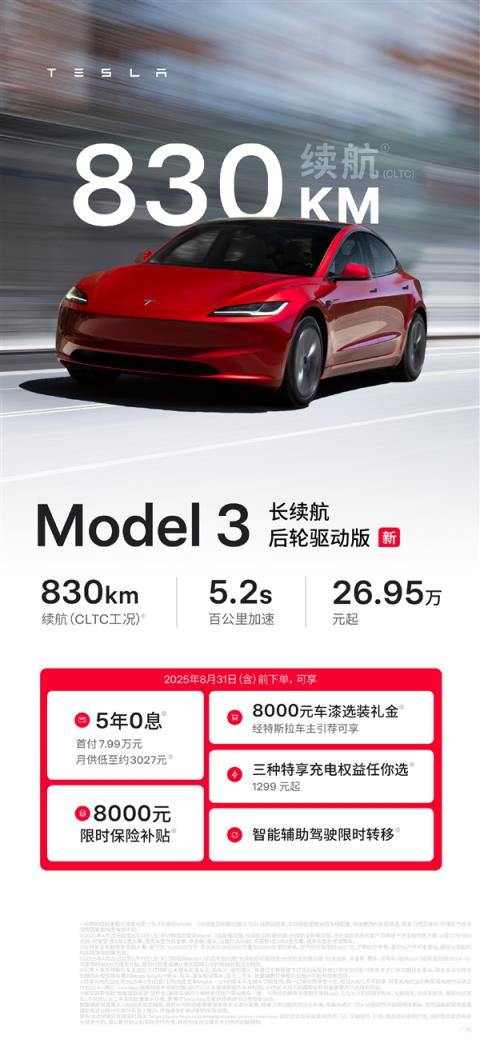 史上续航最长的特斯拉Model3正式登场！830公里 26.95万起(图2)