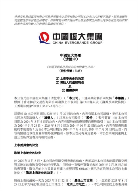 16年上市路终结 中国恒大将取消上市地位(图1)