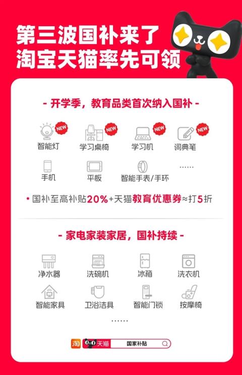天猫官宣第三波国补来了：手机数码继续 首次纳入智能灯等教育品类(图1)