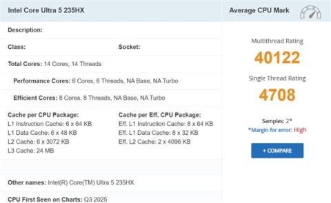 Intel酷睿Ultra5 235HX首次跑分：单核超锐龙99955HX3D！(图1)