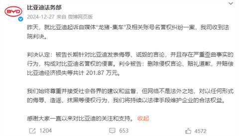 “龙猪-集车”长期诋毁比亚迪 二审判赔201.87万：已强制执行(图3)