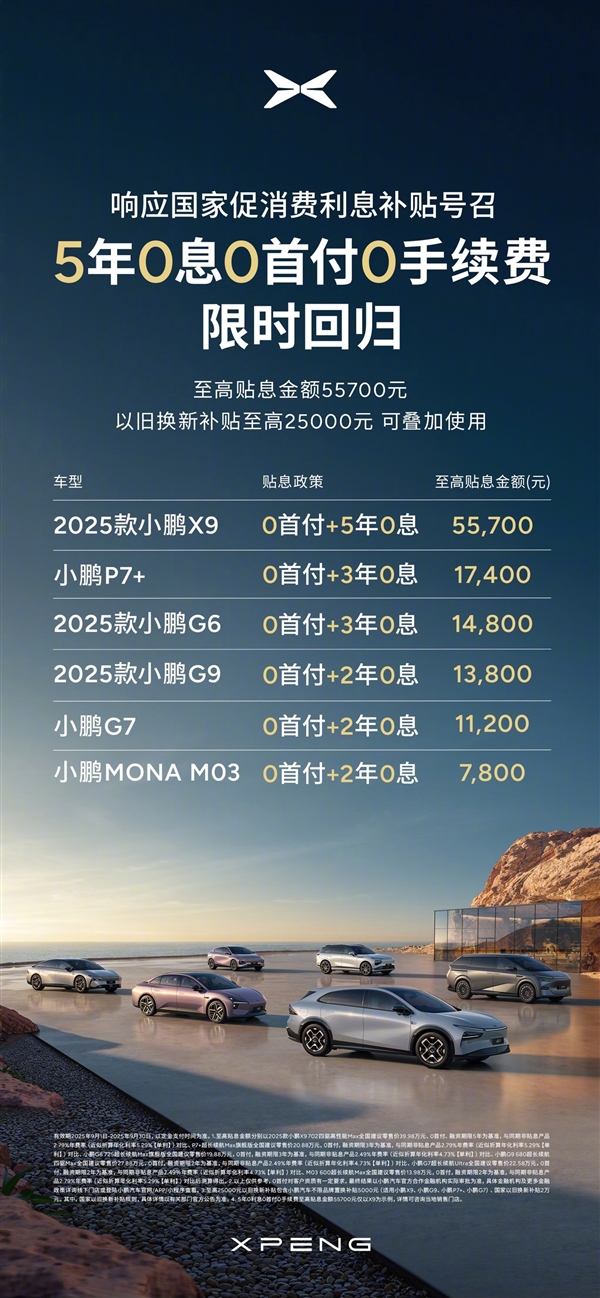 响应国家利息补贴号召！小鹏5年0息0首付限时回归 最高贴息5.57万元