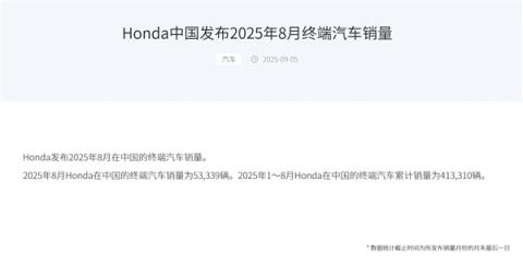 销量仅剩比亚迪1/7！本田中国8月销量53339辆 同比下滑6.36%(图1)