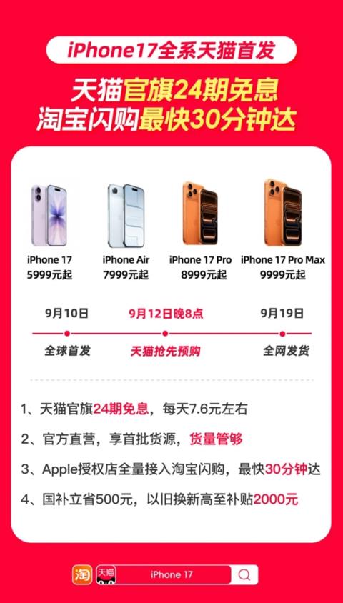 天猫官宣iPhone17全系首发：支持24期免息 淘宝闪购30分钟到手(图2)