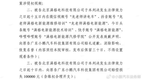 小鹏汽车法务：北京满格电公司侵权败诉 判赔10万+公开道歉(图5)