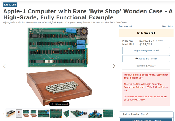 仅存世9台！稀有木盒版Apple-1拍卖：估价超210万元
