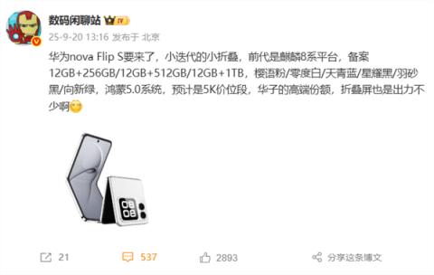 华为全新小折叠novaFlipS首曝：鸿蒙5.0、5000元价位段(图1)