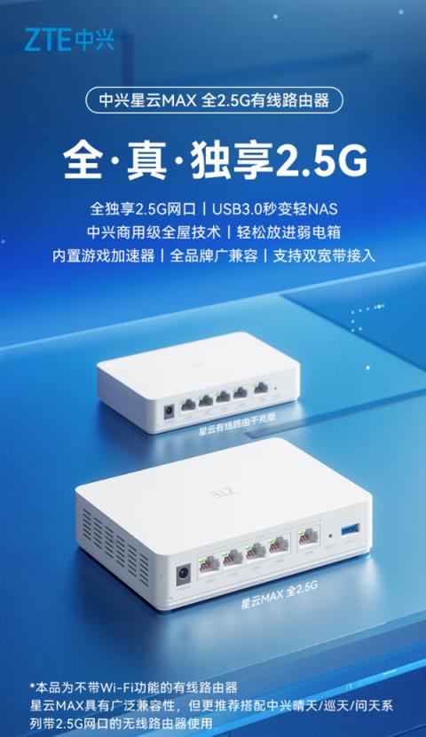 全2.5G网口+USB3.0！中兴推出星云晴天全2.5G有线主路由：269元(图5)