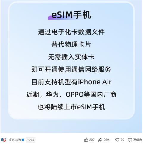 手机无卡时代来了！中国电信：华为、OPPO等将陆续上市eSIM手机(图1)