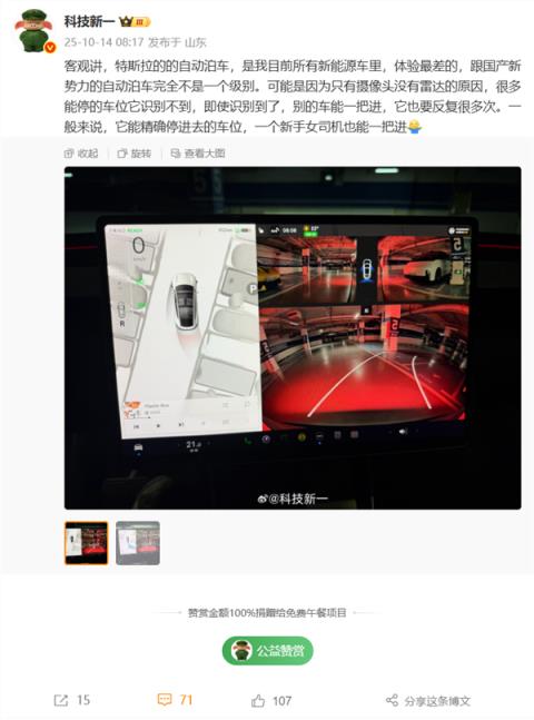 博主：特斯拉的的自动泊车 是他所有新能源车中体验最差的(图1)