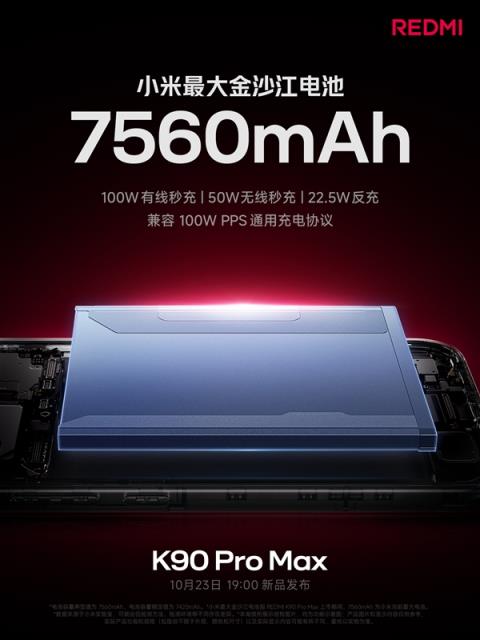 REDMIK90ProMax搭载7560mAh电池：100W有线+50W无线快充 兼容PPS(图1)