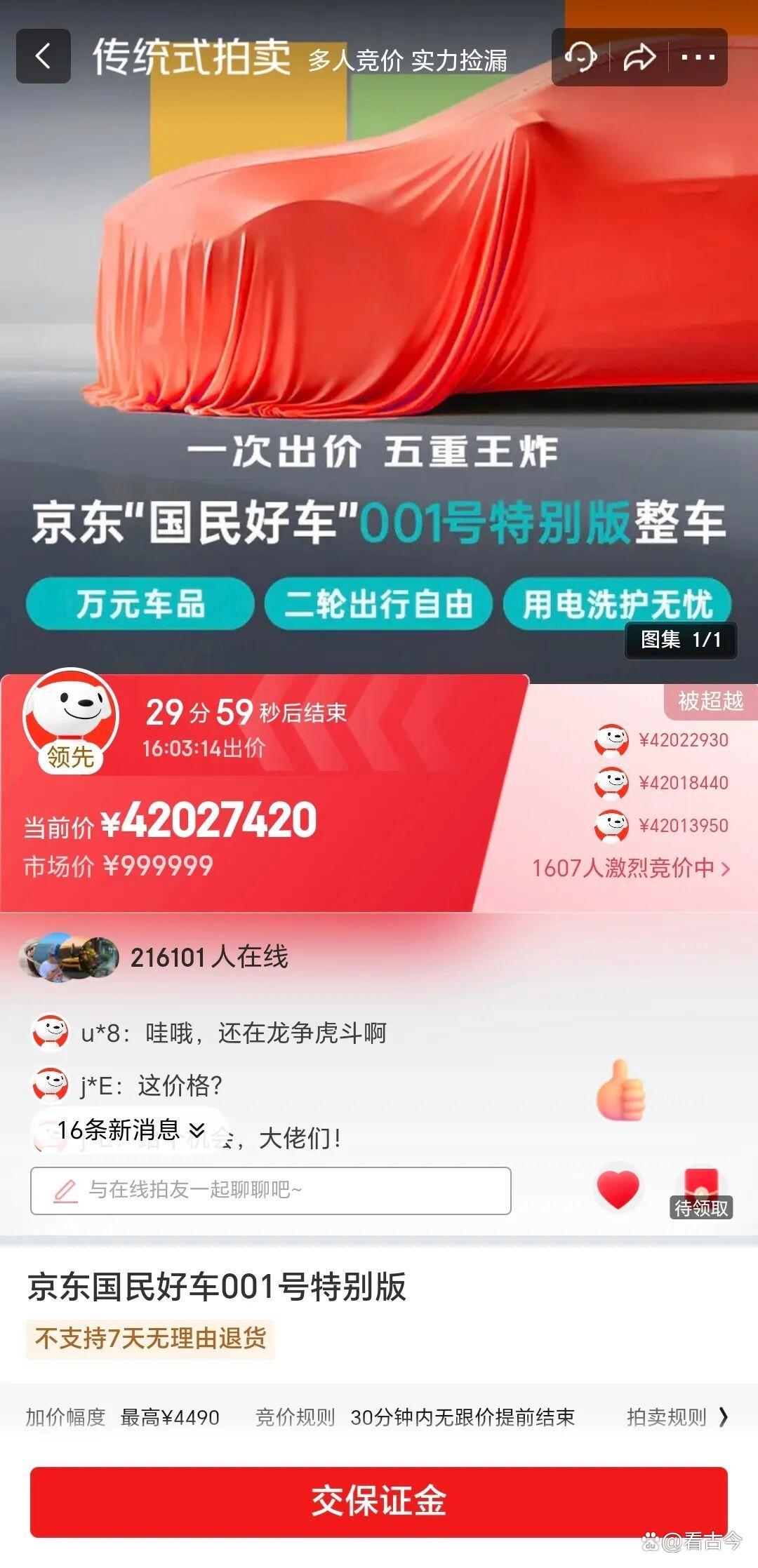 1元起拍变“天价”!京东新车“国民好车”拍卖最高出价7819万