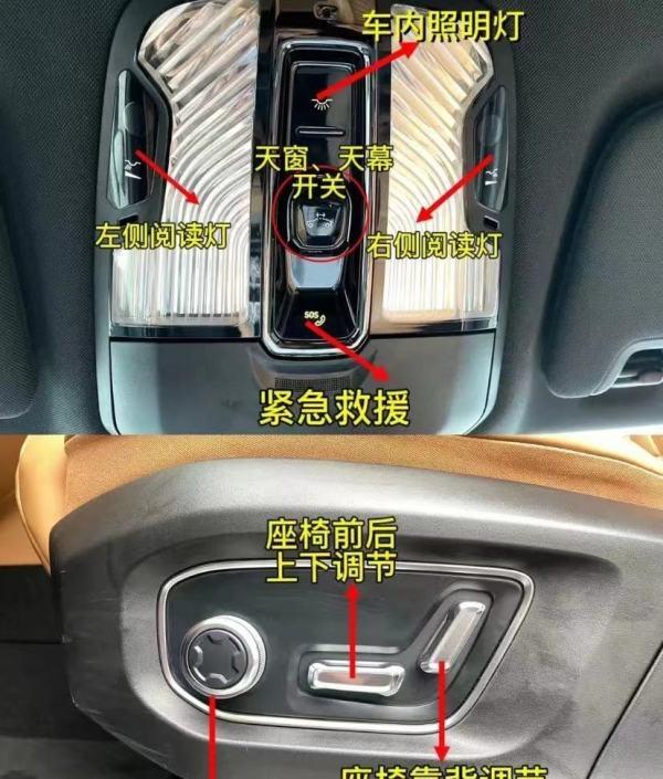 领克09天窗与主驾座椅调节按键说明:开关、照明等
