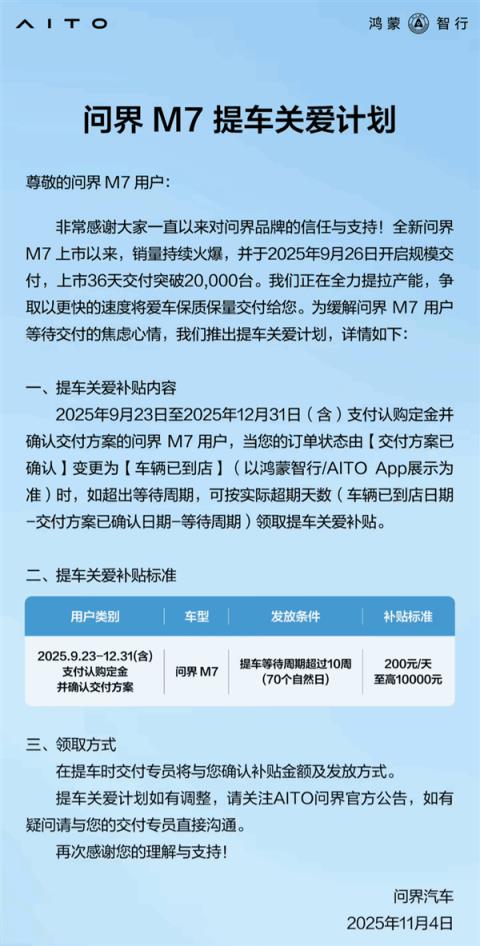 问界M7提车关爱计划发布：等车超10周 每天补贴200元(图1)