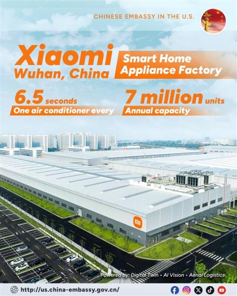 中国驻美大使馆点赞小米家电工厂：6.5秒一台高端空调 年产能700万台