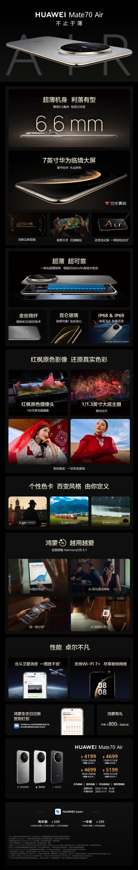 4199元起!华为Mate70Air一图看懂:6.6mm机身塞进6500mAh电池、立体双扬(图4)