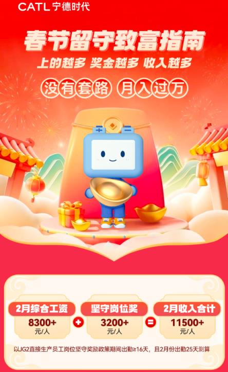 宁德时代发布最新奖励政策：春节坚守岗位可获3200元奖励(图1)