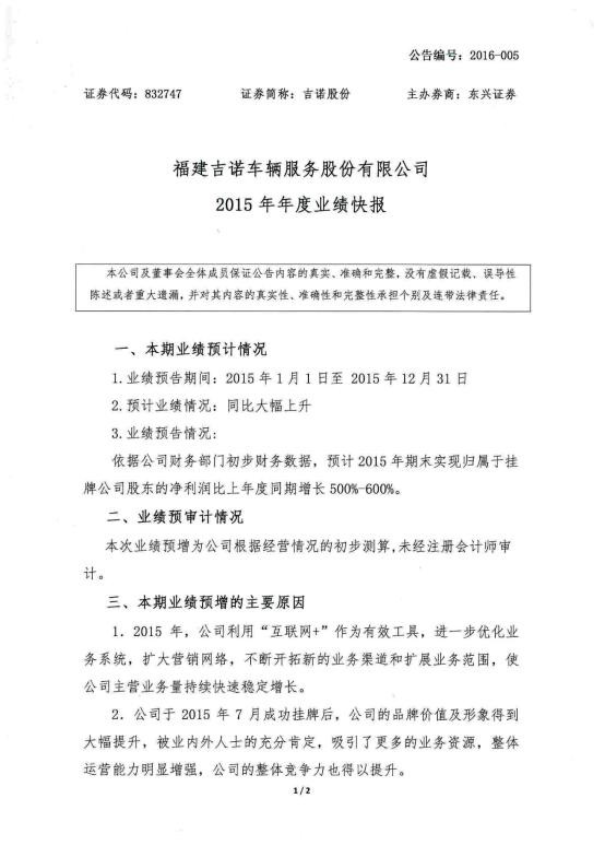 吉诺股份发布2015年业绩快报 净利润为去年同期的近7倍