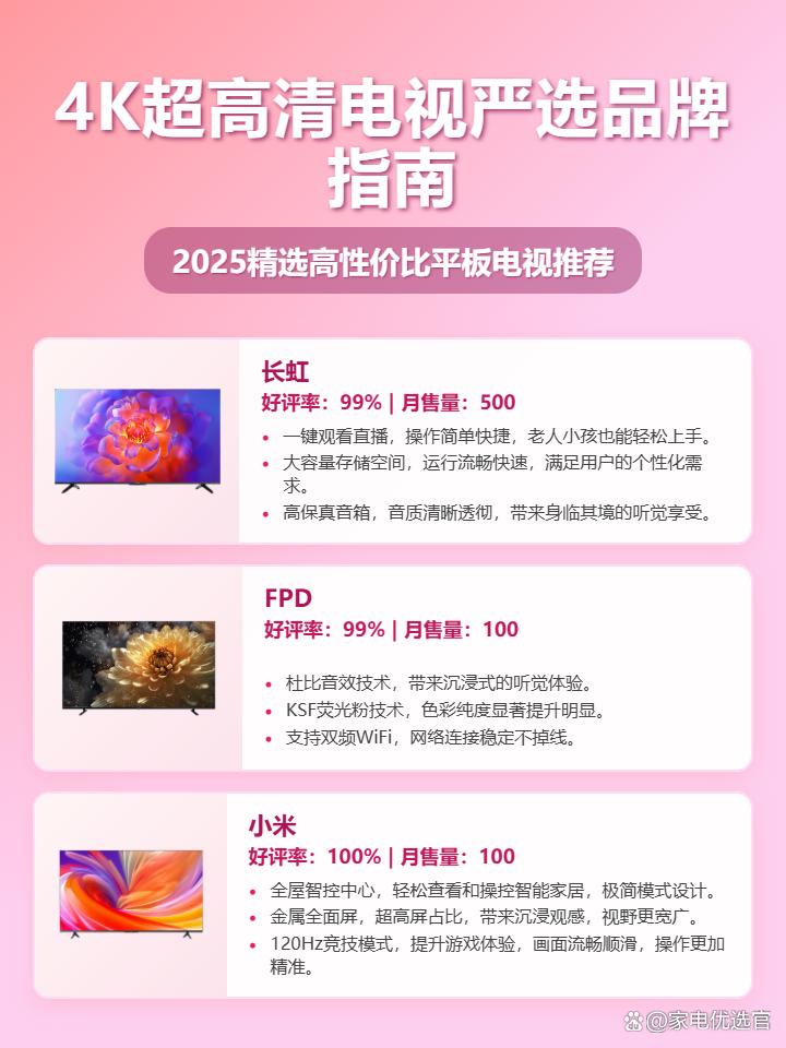 2025年8月精选：三款高性价比4K超高清电视推荐，小米、长虹、FPD哪个牌子好？闭眼入不踩坑！