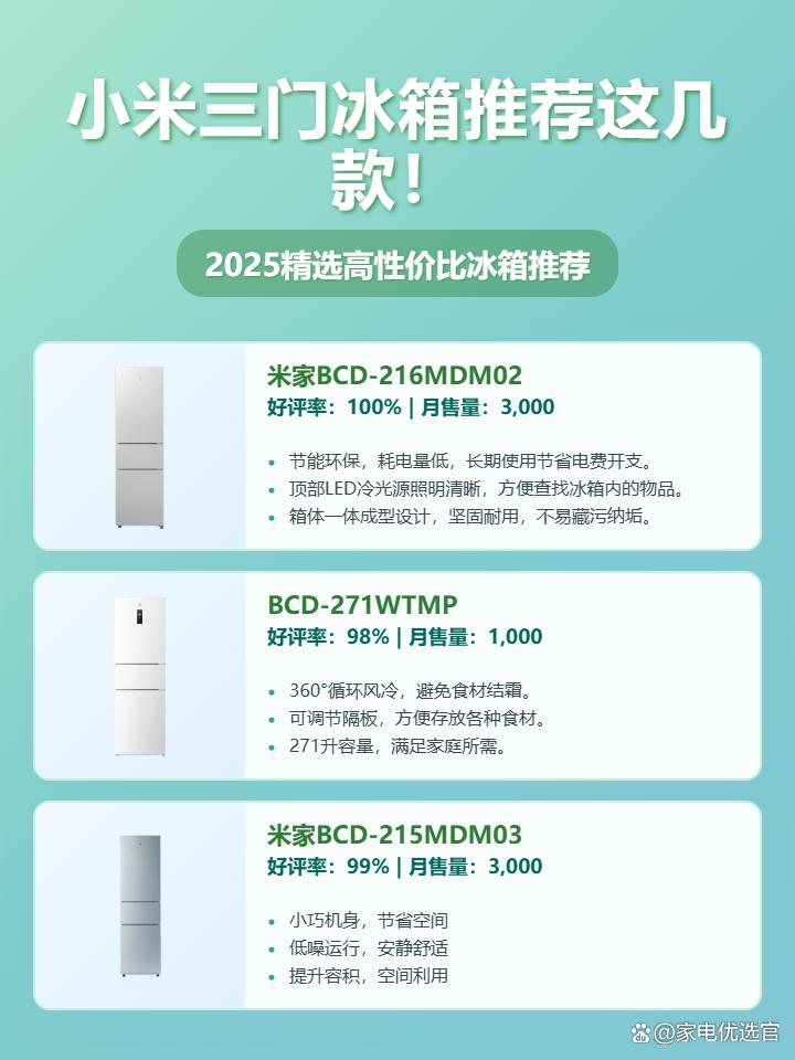 2025年小米三门冰箱买哪款好？精选3款高性价比冰箱推荐：米家BCD-216MDM02、BCD-271WTMP、米家BCD-215MDM03，小户型必备！