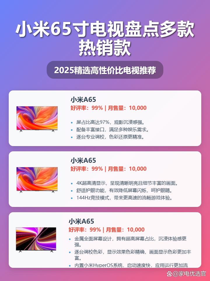 2025年小米65寸电视选购攻略：精选十款热门型号，小米A65、S65 Mini LED等，看看哪款性价比最高？满足你的不同需求！