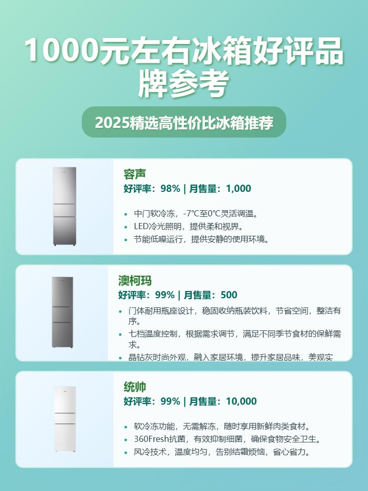 2025年哪个品牌的1000元左右冰箱性价比高？精选10款冰箱十大品牌排行榜推荐，海尔、奥克斯、米家等各大品牌详细分析，助您选购不迷茫！
