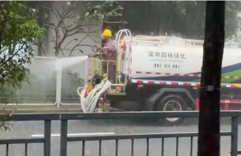 深圳龙华城管回应“暴雨天浇花” 这是资源浪费吗？