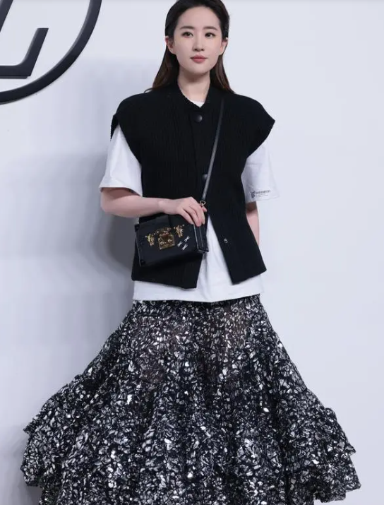 刘亦菲出席品牌寰游时装秀，网友调侃刘裙子好像钢丝球开花